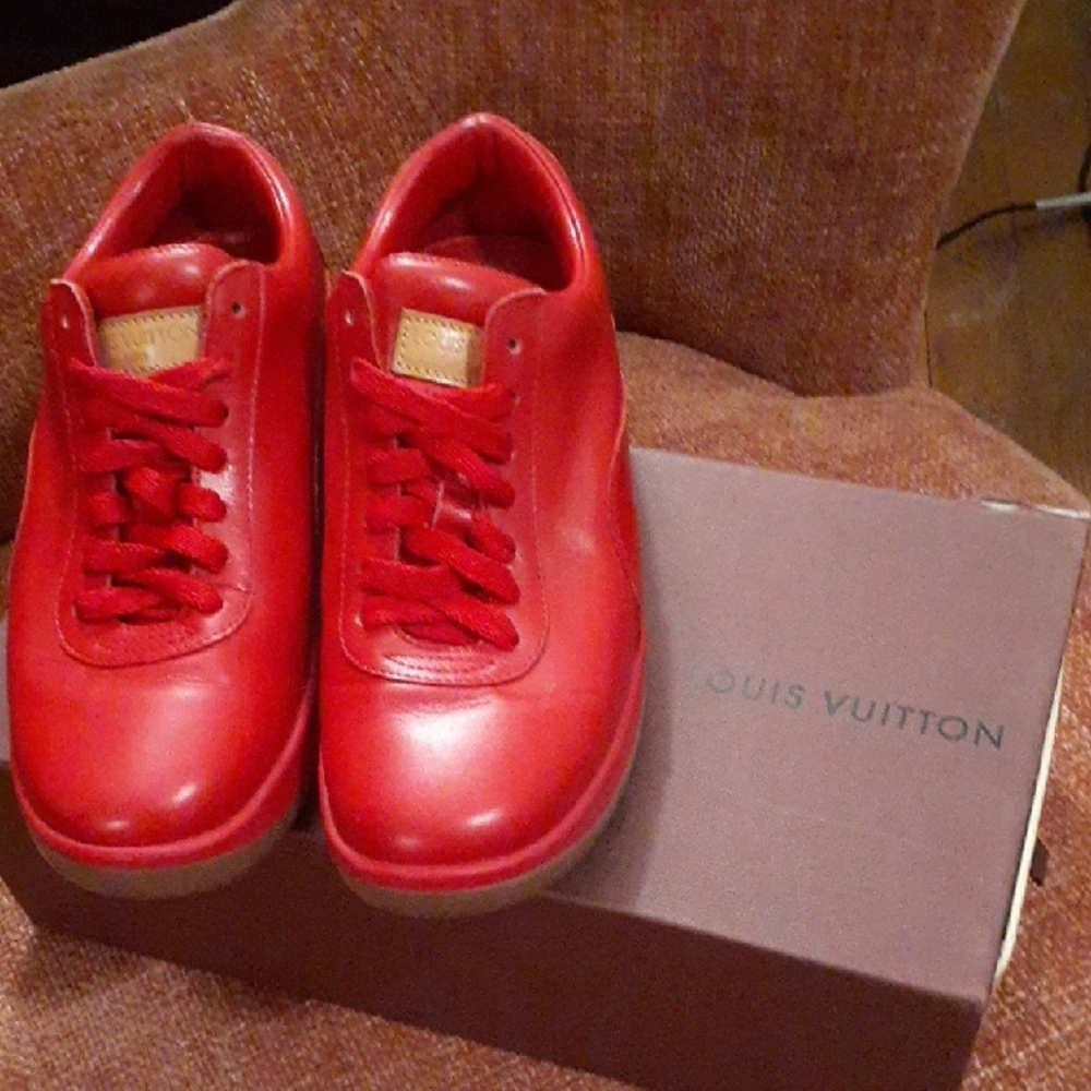 Louis Vuitton Red Leather Low-Top Sneakers with Gold Accent